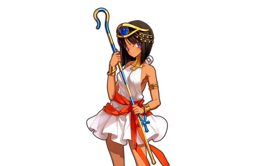 1girl ankh armlet armpits bangs bare_shoulders blue_eyes blunt_bangs blush bob_cut bracelet brown_hair cowboy_shot dress egyptian eiyuu_senki erect_nipples eyeshadow headpiece holding holding_staff jewelry looking_at_viewer makeup necklace no_bra ooyari_ashito solo staff sundress tan transparent_background tutankhamun_(eiyuu_senki)