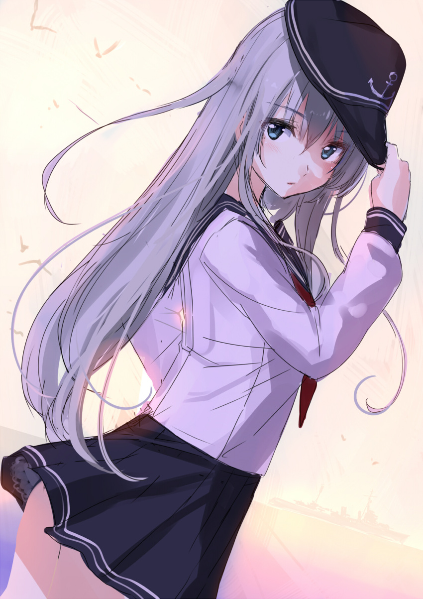 1girl adjusting_clothes adjusting_hat akasaai anchor_symbol bangs black_skirt blue_eyes cowboy_shot flat_cap from_side hat hibiki_(kantai_collection) highres kantai_collection long_sleeves looking_at_viewer looking_to_the_side neckerchief parted_lips pleated_skirt school_uniform serafuku silver_hair skirt solo