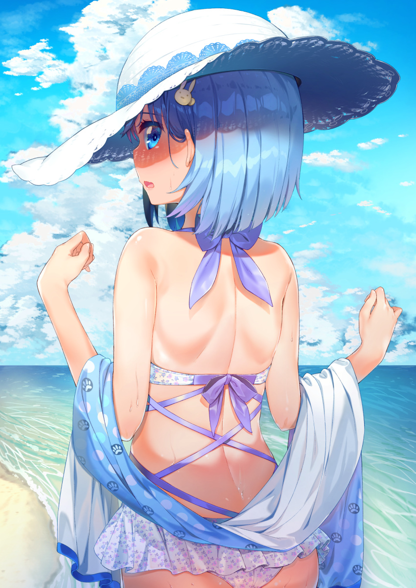 1girl alternative_girls ass bare_shoulders beach bikini blue_eyes blue_hair blue_sky bunny_hair_ornament clouds cloudy_sky day from_behind hair_ornament halterneck hat highres looking_at_viewer looking_back open_mouth orimiya_yui outdoors print_bikini profile short_hair shoulder_blades sky solo sun_hat sweat swimsuit tofu1601