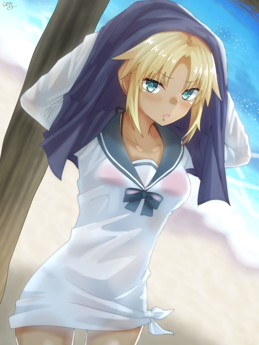 &gt;:o 1girl :o beach blonde_hair blurry blush breasts collarbone cowboy_shot day depth_of_field dress drying drying_hair fate/grand_order fate_(series) green_eyes highres long_sleeves looking_at_viewer mordred_(swimsuit_rider)_(fate) ramchi saber_of_red sailor_dress school_uniform see-through_silhouette serafuku small_breasts solo tan towel wet wet_clothes