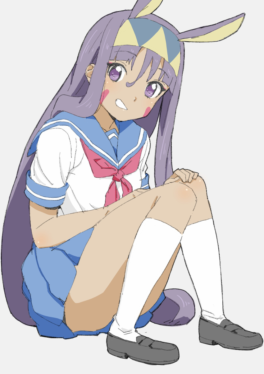 1girl absurdres alternate_costume animal_ears commentary_request dark_skin donguri_suzume facial_mark fate/grand_order fate_(series) hairband highres kneehighs loafers long_hair looking_at_viewer nitocris_(fate/grand_order) purple_hair rabbit_ears school_uniform serafuku shoes solo very_long_hair violet_eyes