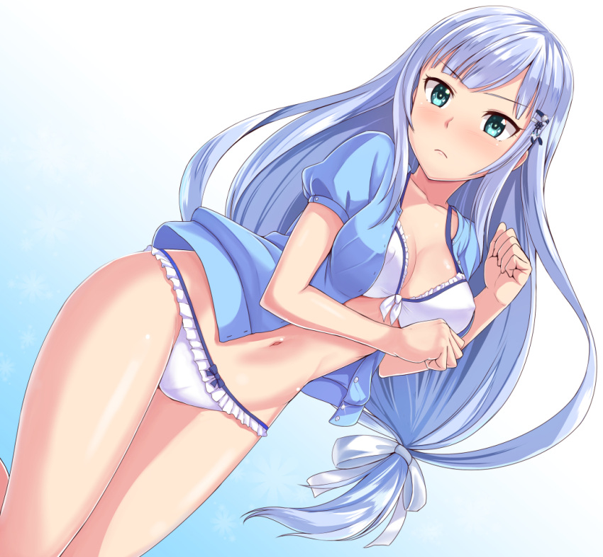 1girl bikini blue_eyes blush breasts cleavage dan_(orange_train) dress idolmaster idolmaster_million_live! idolmaster_million_live!_theater_days long_hair looking_at_viewer puffy_short_sleeves puffy_sleeves shiraishi_tsumugi short_sleeves silver_hair solo swimsuit swimsuit_under_clothes white_bikini