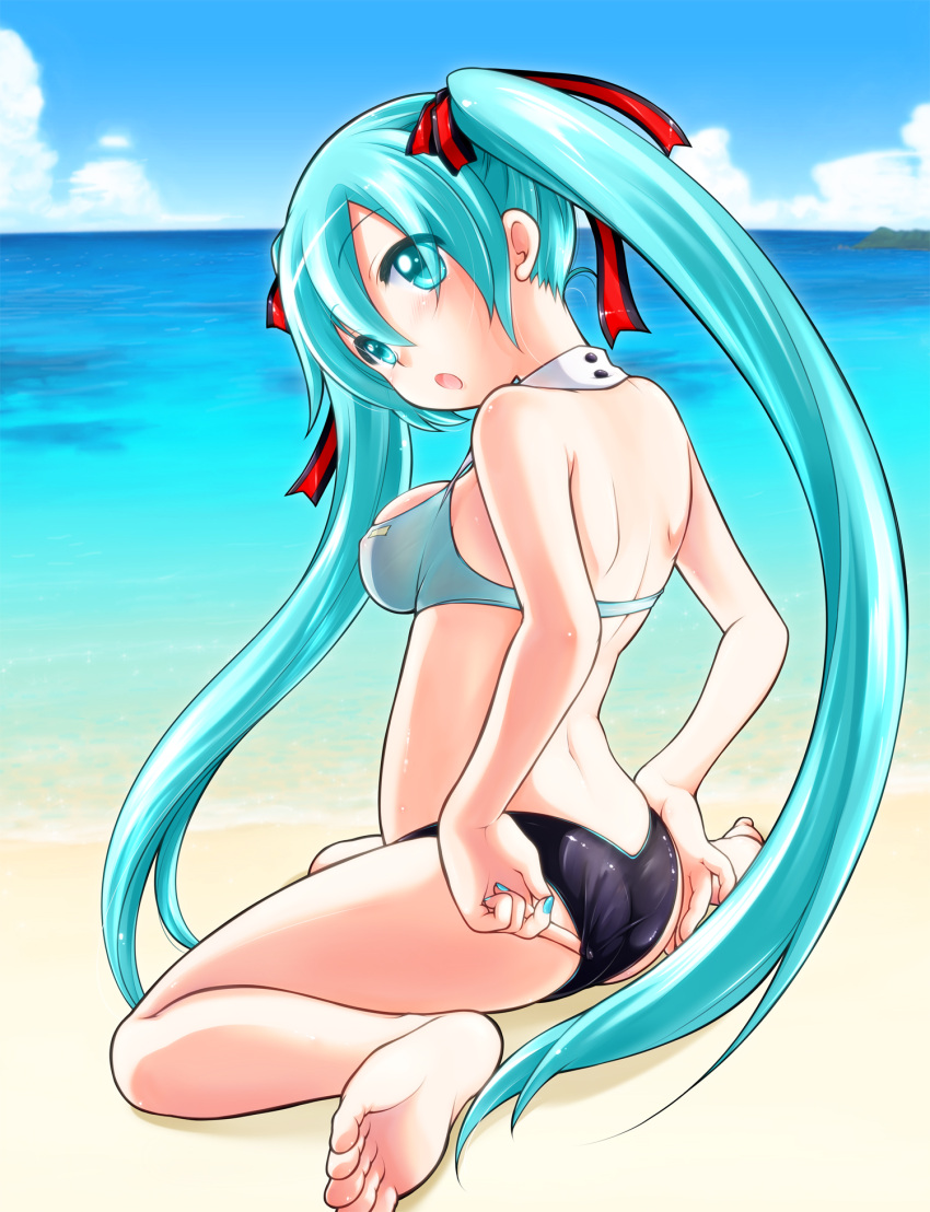 1girl adjusting_clothes adjusting_swimsuit aqua_eyes aqua_hair barefoot beach bikini clouds hair_ribbon hatsune_miku highres long_hair moon_child nail_polish ocean ribbon sitting sky solo swimsuit twintails very_long_hair vocaloid wariza water