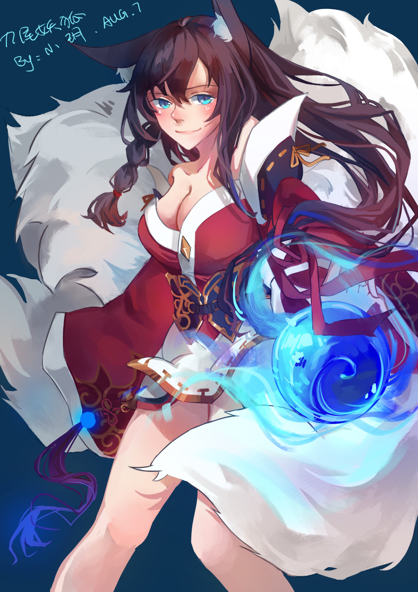1girl absurdres ahri animal_ears bare_shoulders black_hair blue_background blue_eyes breasts cleavage collarbone detached_sleeves energy_ball facial_mark fox_ears fox_tail highres korean_clothes large_breasts league_of_legends lips long_hair multiple_tails simple_background solo tail whisker_markings yue_jiang