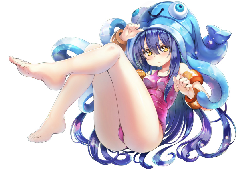 1girl alternate_costume bare_legs barefoot blush breasts curly_hair feet full_body hair_between_eyes hat knees_up league_of_legends long_hair looking_at_viewer lulu_(league_of_legends) medium_breasts one-piece_swimsuit pink_swimsuit pool_party_lulu purple_hair simple_background solo squid_hat swimsuit tareme toes very_long_hair white_background yako yellow_eyes yordle