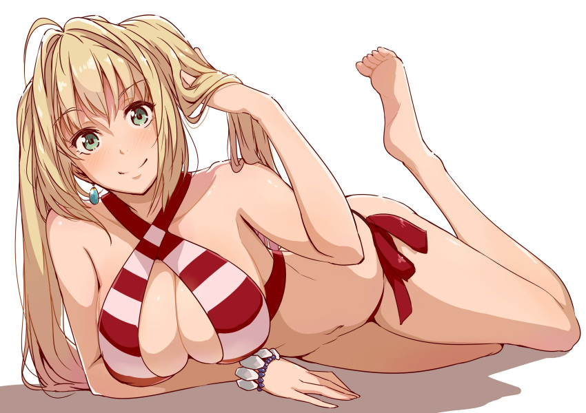 1girl bare_shoulders barefoot bikini blonde_hair blush bracelet breasts earrings fate/grand_order fate_(series) green_eyes highres jewelry large_breasts long_hair looking_at_viewer lying navel nero_claudius_(swimsuit_caster)_(fate) saber_extra smile solo striped striped_bikini swimsuit tokiwa_midori_(kyokutou_funamushi) twintails white_background
