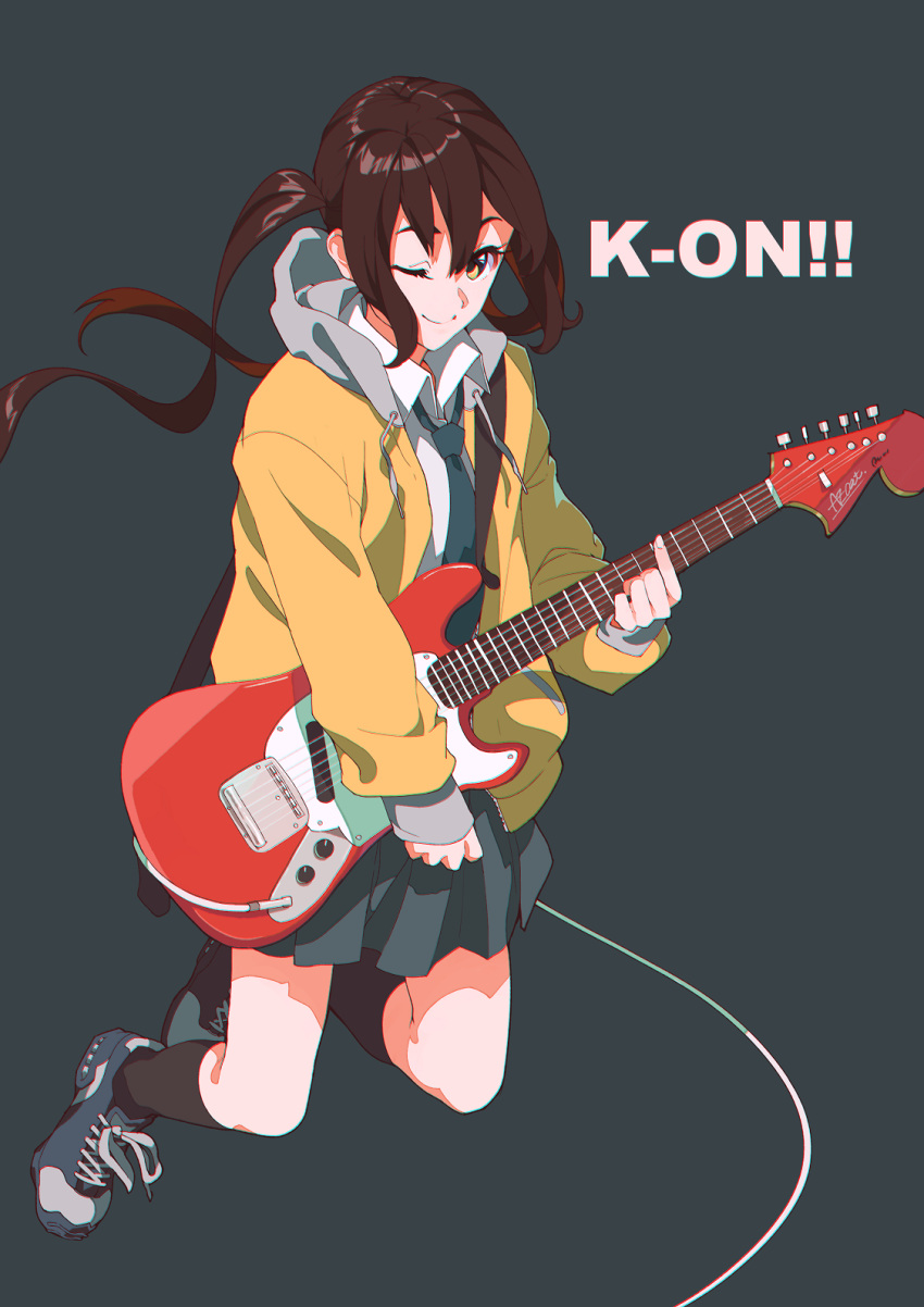 1girl alternate_hair_color brown_hair commentary copyright_name full_body grey_background guitar highres holding holding_instrument hood hooded_jacket instrument jacket jumping k-on! kamameshi_gougoumaru light_brown_eyes looking_at_viewer monochrome_background music nakano_azusa one_eye_closed open_clothes open_jacket playing_instrument pleated_skirt school_uniform shoes simple_background skirt smile socks solo twintails