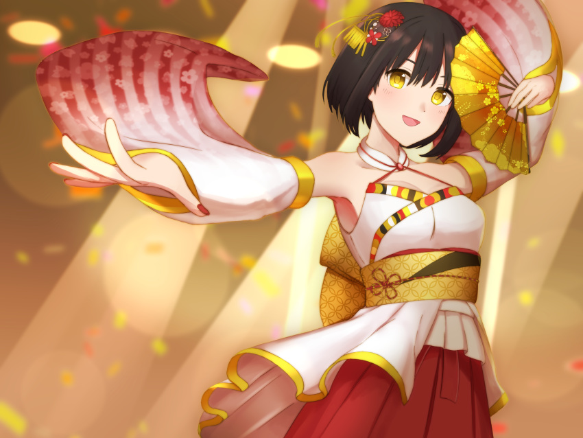 10s 1girl black_hair blush breasts cleavage detached_sleeves fan folding_fan hair_ornament highres idolmaster idolmaster_cinderella_girls japanese_clothes looking_at_viewer monotiina outstretched_arm short_hair smile solo takafuji_kako yellow_eyes