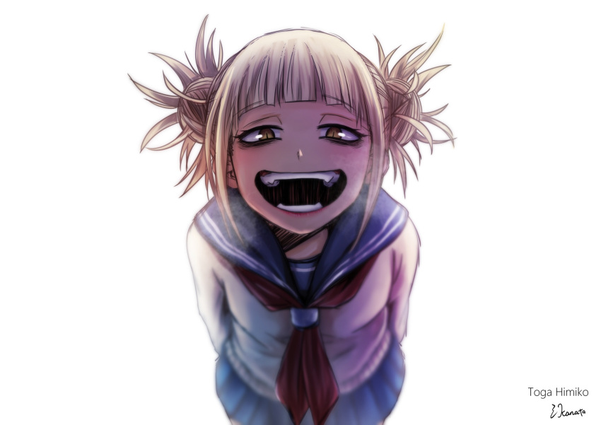 10s 1girl :d bangs blonde_hair blunt_bangs boku_no_hero_academia cardigan character_name crazy_smile double_bun half-closed_eyes highres kanato_(aquariumest) long_sleeves looking_at_viewer open_mouth pleated_skirt school_uniform serafuku skirt smile toga_himiko twintails yandere_trance yellow_eyes