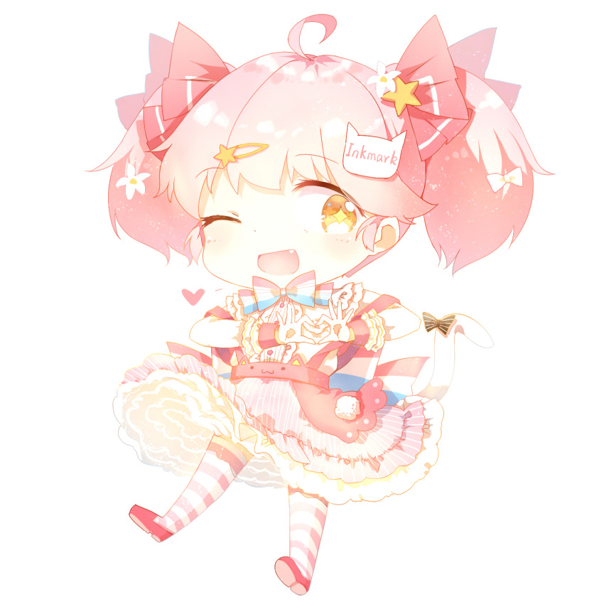 1girl 3000_xiao_chun blush chibi diamond-shaped_pupils eyebrows_visible_through_hair heart heart_hands highres looking_at_viewer one_eye_closed open_mouth original pink_hair pink_legwear short_hair short_twintails smile solo striped striped_legwear symbol-shaped_pupils thigh-highs twintails white_legwear yellow_eyes