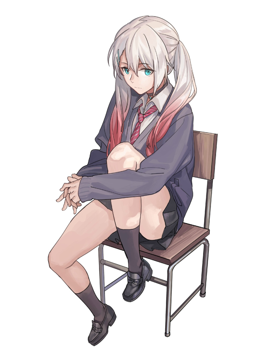 1girl absurdres aqua_eyes black_legwear cardigan chair choker closed_mouth diagonal_stripes full_body girls_frontline gradient_hair hair_between_eyes hair_ornament hairclip highres interlocked_fingers leg_up loafers lwmmg_(girls_frontline) multicolored_hair necktie own_hands_together pink_hair pleated_skirt rff_(3_percent) school_uniform shoes silver_hair simple_background sitting skirt sleeves_past_wrists socks solo striped striped_necktie twintails two-tone_hair white_background