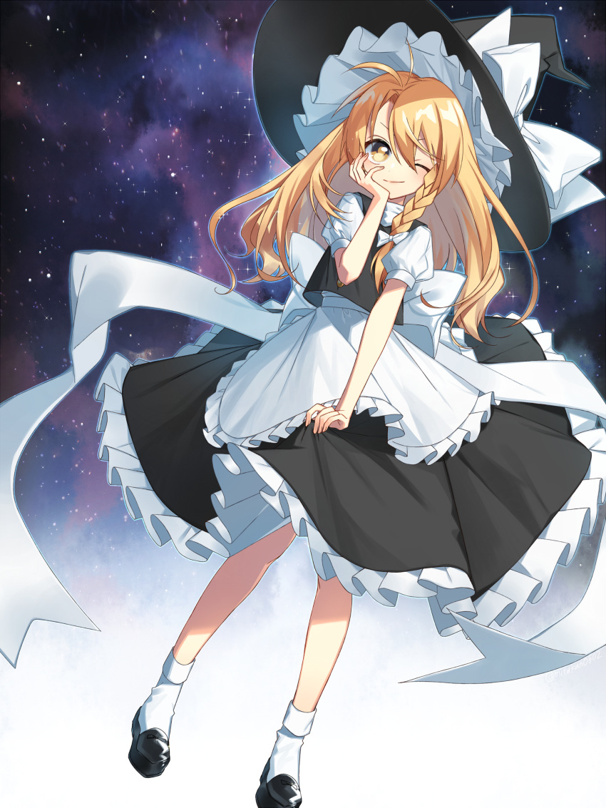 1girl absurdres apron black_hat black_shoes black_skirt blonde_hair bow buttons hat hat_bow hifumi_gou highres kirisame_marisa looking_at_viewer one_eye_closed shoes skirt skirt_set sky smile socks solo standing star_(sky) starry_sky touhou vest waist_apron white_bow white_legwear witch_hat yellow_eyes