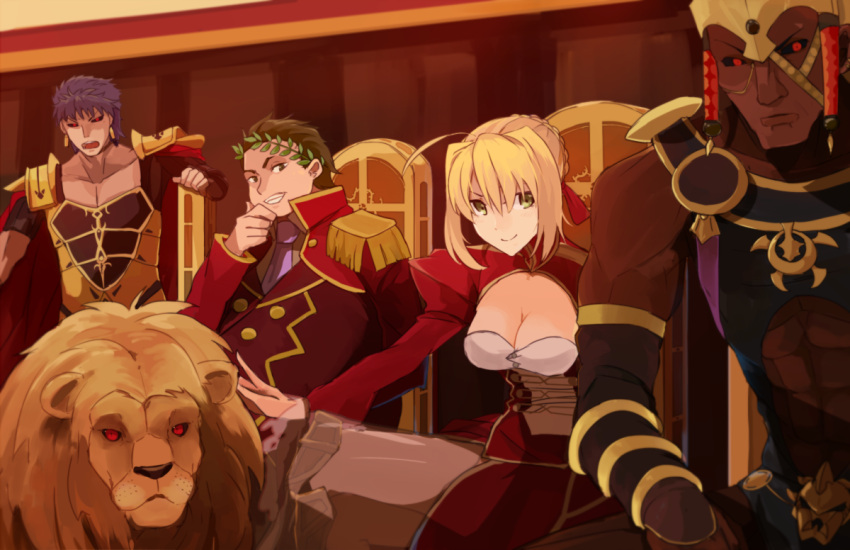 &gt;:) &gt;:o 1girl 3boys :o abs armor bangs black_sclera blonde_hair breasts brown_hair caligula_(fate/grand_order) cleavage cleavage_cutout collarbone dark_skin earrings epaulettes fat fat_man fate/grand_order fate_(series) green_eyes grin hair_ribbon hat hsin jewelry juliet_sleeves julius_caesar_(fate/grand_order) large_breasts laurel_crown lion long_sleeves looking_at_viewer military military_uniform multiple_boys open_mouth pauldrons puffy_sleeves purple_hair red_eyes ribbon romulus_(fate/grand_order) saber_extra sitting smile throne toned toned_male trait_connection uniform
