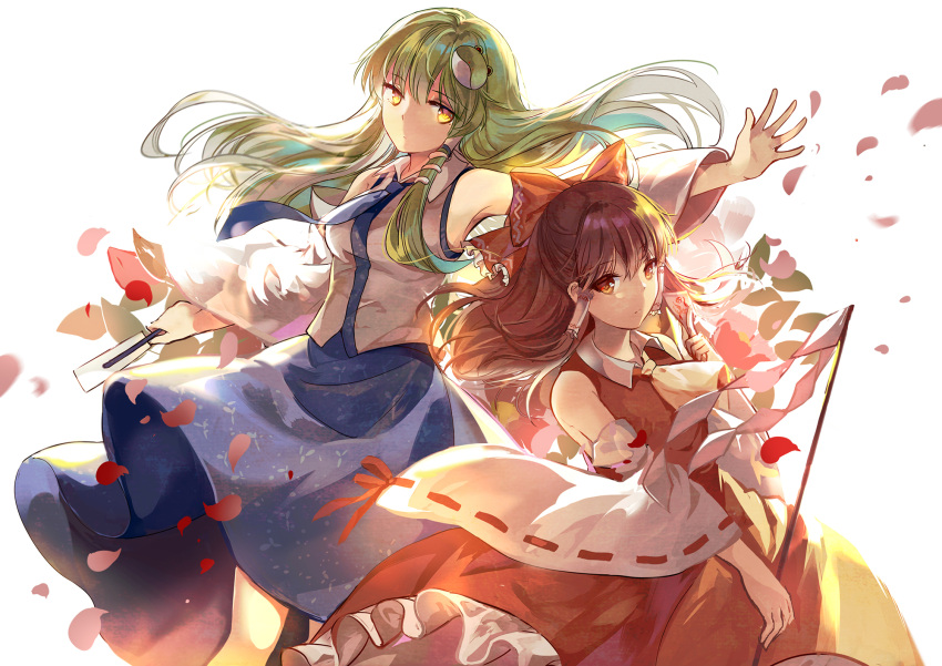 2girls armpits ascot bangs bare_shoulders bow breasts brown_hair closed_mouth cowboy_shot detached_sleeves elise_(piclic) frog_hair_ornament gohei green_hair hair_bow hair_ornament hair_tubes hakurei_reimu highres kochiya_sanae long_hair long_sleeves looking_at_viewer medium_breasts multiple_girls nontraditional_miko petals red_bow red_eyes ribbon-trimmed_sleeves ribbon_trim shirt sleeveless sleeveless_shirt snake_hair_ornament touhou wide_sleeves yellow_eyes