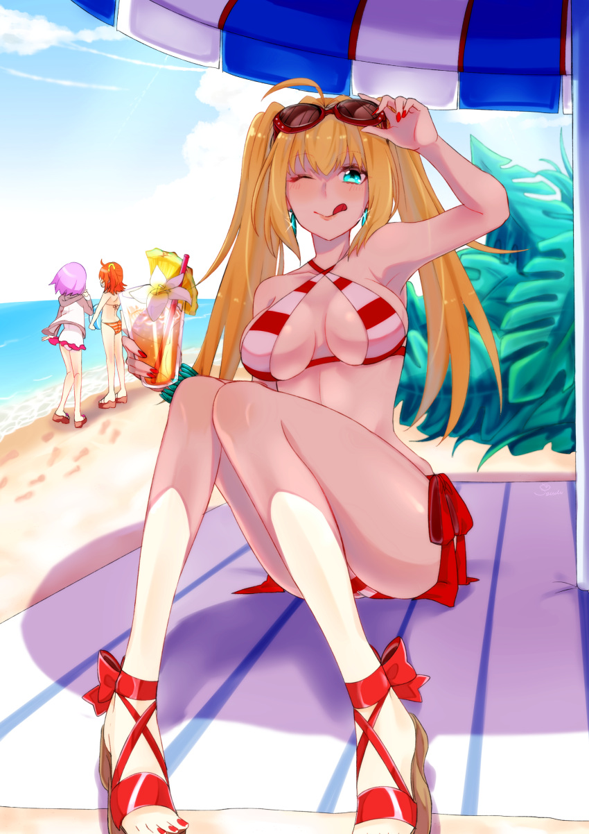3girls ;q absurdres ahoge alternate_hairstyle ball beach beach_towel beach_umbrella beachball bikini blonde_hair bracelet breasts cup drink drinking_glass drinking_straw earrings fate/grand_order fate_(series) fujimaru_ritsuka_(female) full_body green_eyes hair_intakes halterneck highres jewelry large_breasts lavender_hair long_hair looking_at_viewer multiple_girls nail_polish nero_claudius_(swimsuit_caster)_(fate) ocean one_eye_closed orange_hair red_nails saber_extra sandals shielder_(fate/grand_order) short_hair side-tie_bikini sinzuu sitting smile solo_focus standing striped striped_bikini sunglasses sunglasses_on_head swimsuit toenail_polish tongue tongue_out towel twintails umbrella