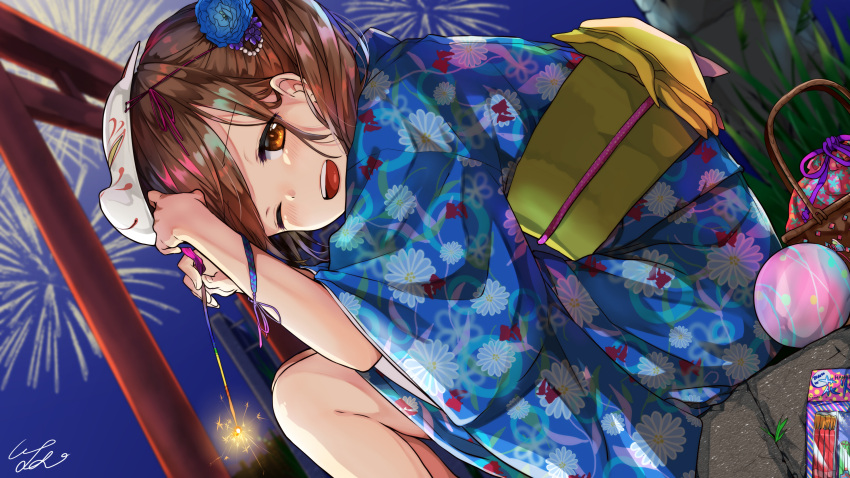1girl absurdres artist_name blue_kimono blush brown_eyes brown_hair dutch_angle eyebrows_visible_through_hair fireworks floral_print fox_mask from_side grass highres holding japanese_clothes kimono long_hair looking_at_viewer mask night obi open_mouth original outdoors pomu sash signature sitting smile solo sparkler torii twintails water_balloon wide_sleeves yukata