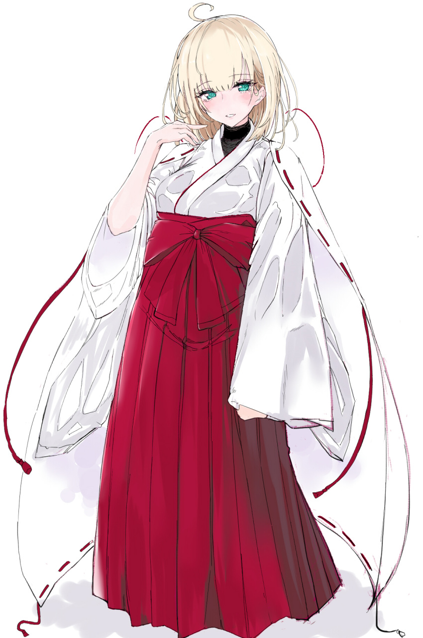 1girl ahoge bangs blonde_hair blush eyebrows_visible_through_hair fafas68 full_body green_eyes hakama half-closed_eyes highres japanese_clothes looking_at_viewer miko original parted_lips pleated_skirt purple_skirt ribbon-trimmed_sleeves ribbon_trim simple_background skirt smile solo white_background wide_sleeves