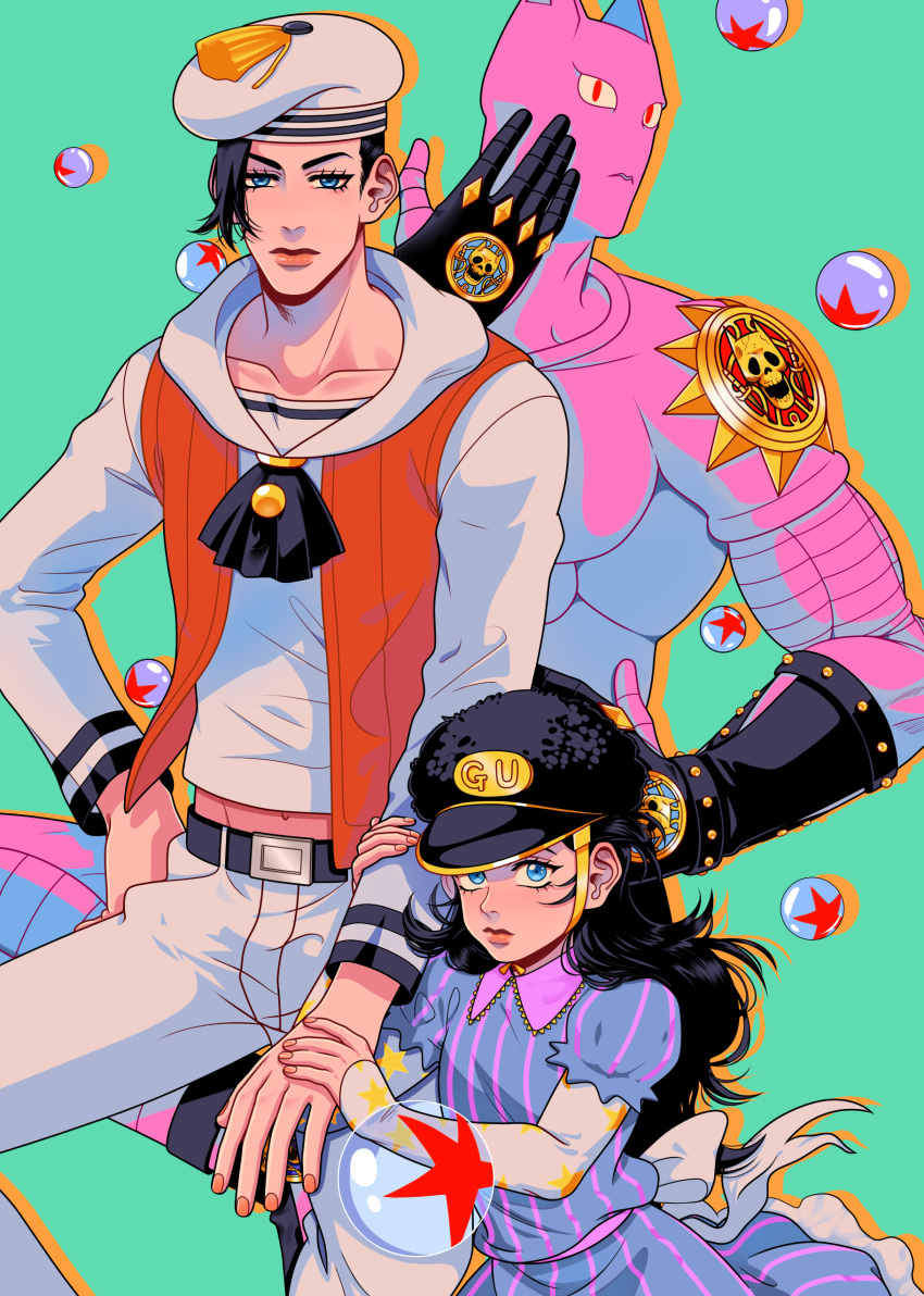 1boy 1girl absurdres black_hair blue_dress blue_eyes brother_and_sister bubble child collarbone dress groin hand_on_hip hat highres holding_arm jojo_no_kimyou_na_bouken jojolion kira_yoshikage kira_yoshikage_(jojolion) long_hair navel nijimura_kyou sailor sailor_hat siblings stand_(jojo) star striped striped_dress tariah_furlow time_paradox vest wavy_hair younger