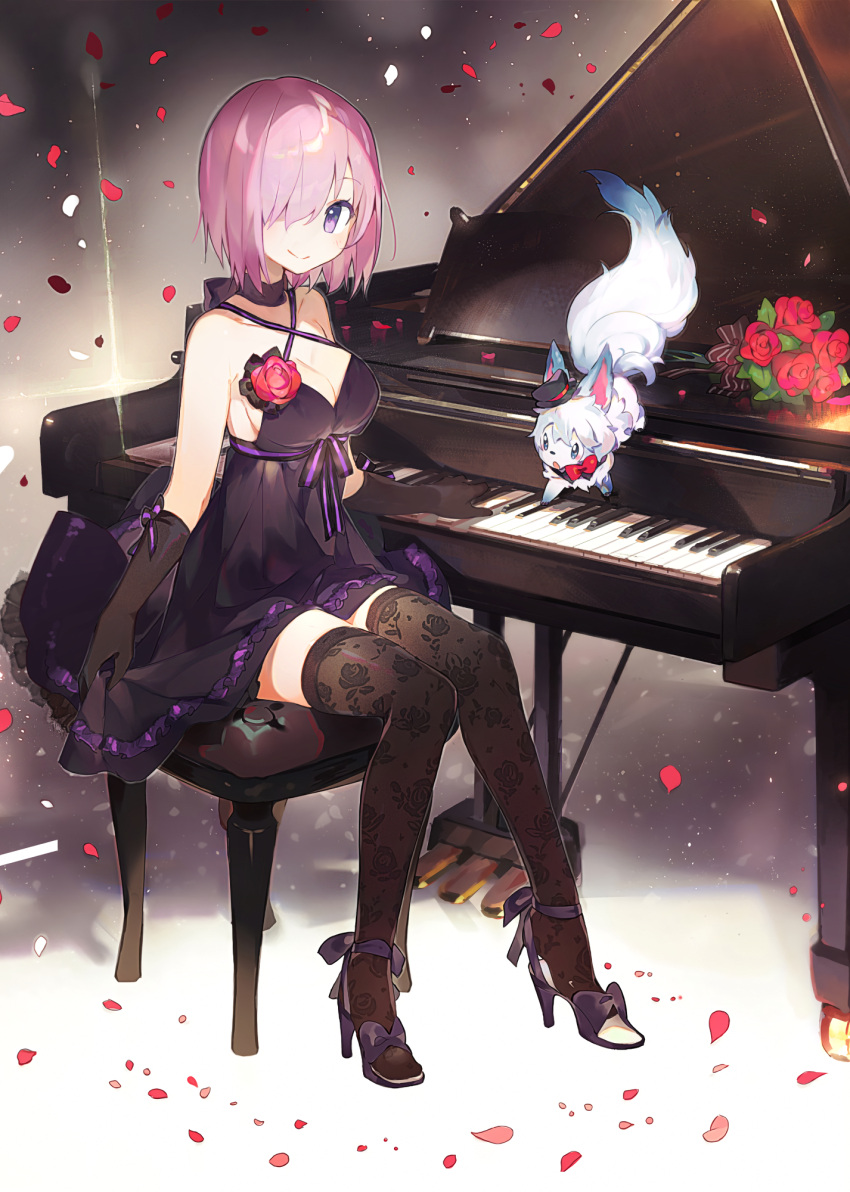 1girl black_gloves black_legwear blush bouquet breasts choker cleavage closed_mouth criss-cross_halter dress fate/grand_order fate_(series) floral_print flower fou_(fate/grand_order) full_body gloves grand_piano hair_over_one_eye halterneck hat high_heels highres instrument large_breasts looking_at_viewer namie-kun petals piano piano_bench pink_hair purple_dress rose rose_petals shielder_(fate/grand_order) shoe_dangle short_hair sitting smile solo thigh-highs violet_eyes zettai_ryouiki