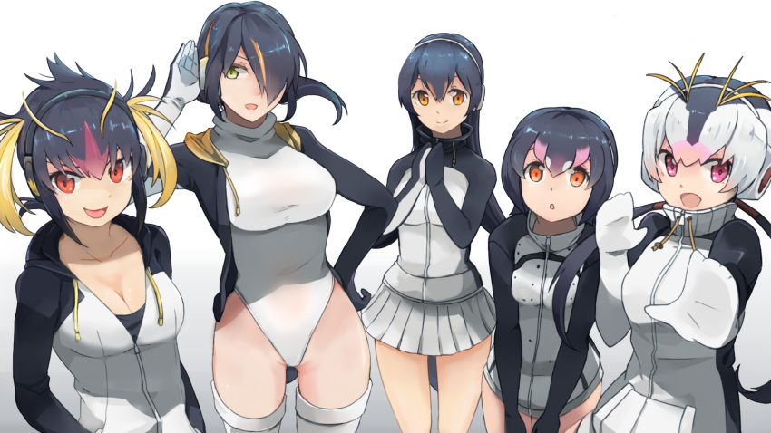 5girls :d black_hair blush breasts cleavage emperor_penguin_(kemono_friends) gentoo_penguin_(kemono_friends) green_eyes hair_over_one_eye hand_on_hip highres hood hooded_jacket hsin humboldt_penguin_(kemono_friends) jacket kemono_friends large_breasts leotard long_hair looking_at_viewer multicolored_hair multiple_girls open_mouth orange_eyes penguins_performance_project_(kemono_friends) pink_hair pleated_skirt ponytail rockhopper_penguin_(kemono_friends) royal_penguin_(kemono_friends) short_hair simple_background skirt smile thigh-highs violet_eyes white_background white_hair white_legwear yellow_eyes