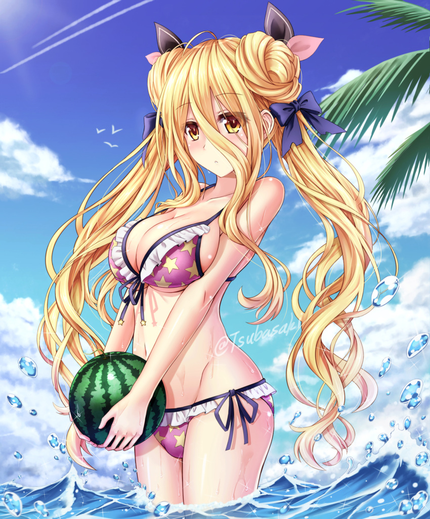 1girl bare_arms bare_shoulders bikini bird black_bow black_ribbon blonde_hair blue_sky blush bow breasts cleavage clouds cowboy_shot date_a_live day food from_side fruit groin hair_between_eyes hair_bow hair_ribbon highres hoshimiya_mukuro large_breasts long_hair looking_at_viewer looking_to_the_side navel ocean outdoors pink_ribbon print_bikini ribbon seagull sky solo standing star star_print stomach swimsuit tsubasaki twintails very_long_hair wading watermelon wavy_hair yellow_eyes