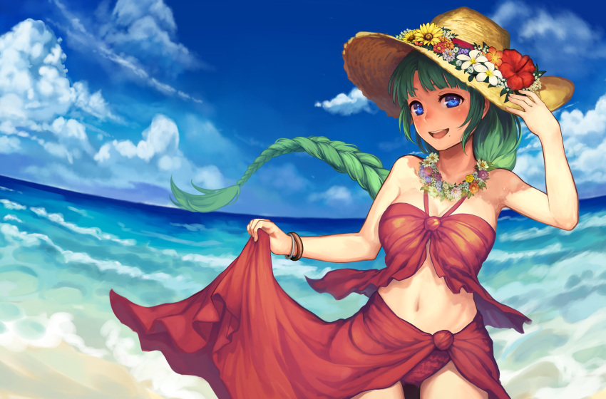 1girl bare_shoulders beach bikini blue_eyes blue_sky bracelet braid breasts clouds flower_collar green_hair hat hatomugi_seika highres jewelry kantai_collection long_hair mole mole_under_mouth ocean open_mouth sarong sky smile solo sun_hat swimsuit very_long_hair water yuugumo_(kantai_collection)