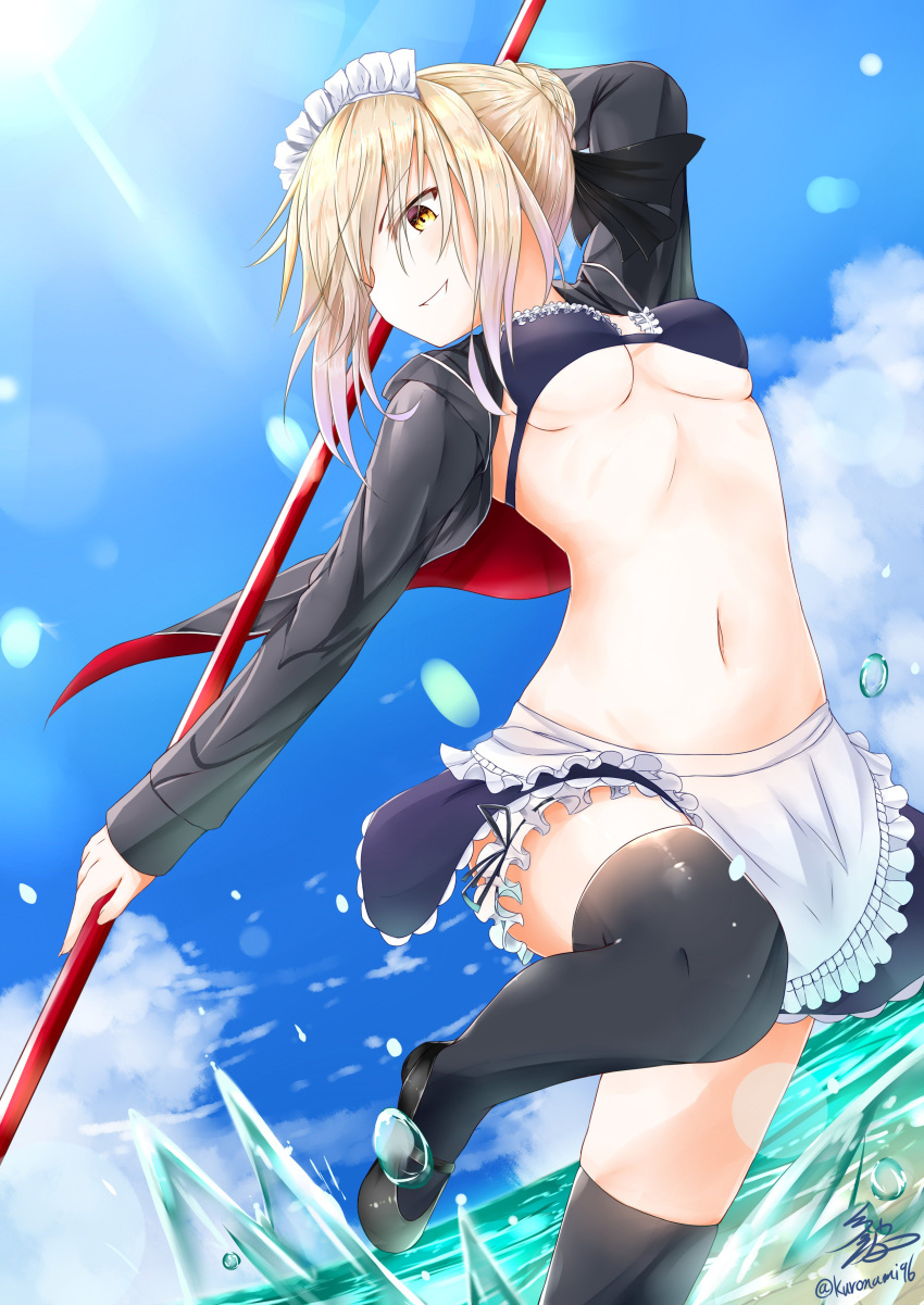 1girl absurdres apron arm_behind_head artoria_pendragon_(all) background bangs blonde_hair breasts commentary_request eyebrows_visible_through_hair fate/grand_order fate_(series) garters hair_bun hair_ribbon highres holding holding_weapon leg_up long_sleeves looking_away maid_apron maid_bikini maid_headdress namikawa_kuroha navel one_leg_raised ribbon saber saber_alter shoes short_hair sky small_breasts smile solo standing standing_on_one_leg sun thigh-highs under_boob water weapon yellow_eyes
