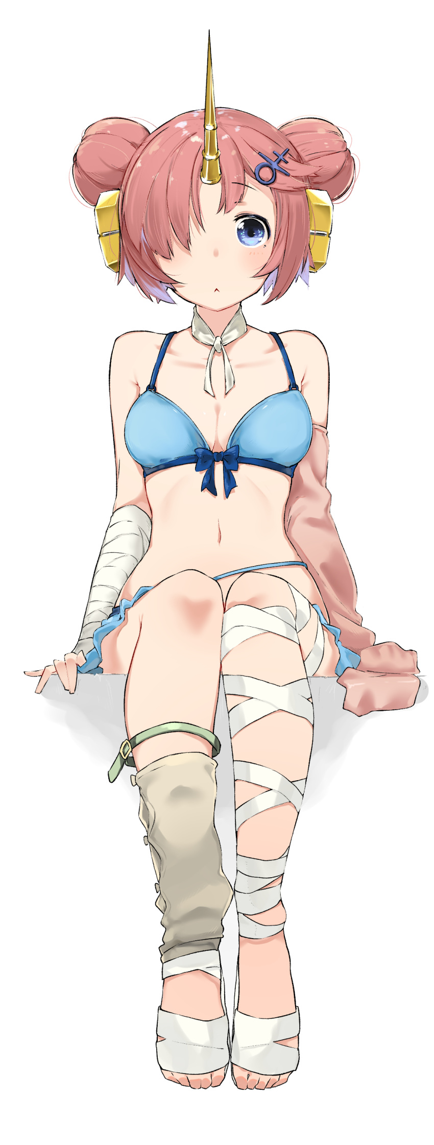 1girl :&lt; absurdres bandage bandaged_arm bandaged_leg bare_shoulders bikini blue_bikini blue_eyes blush breasts cleavage double_bun fate/grand_order fate_(series) frankenstein's_monster_(swimsuit_saber)_(fate) hair_ornament hair_over_one_eye highres horns kei_(soundcross) looking_at_viewer navel pink_hair sitting solo swimsuit