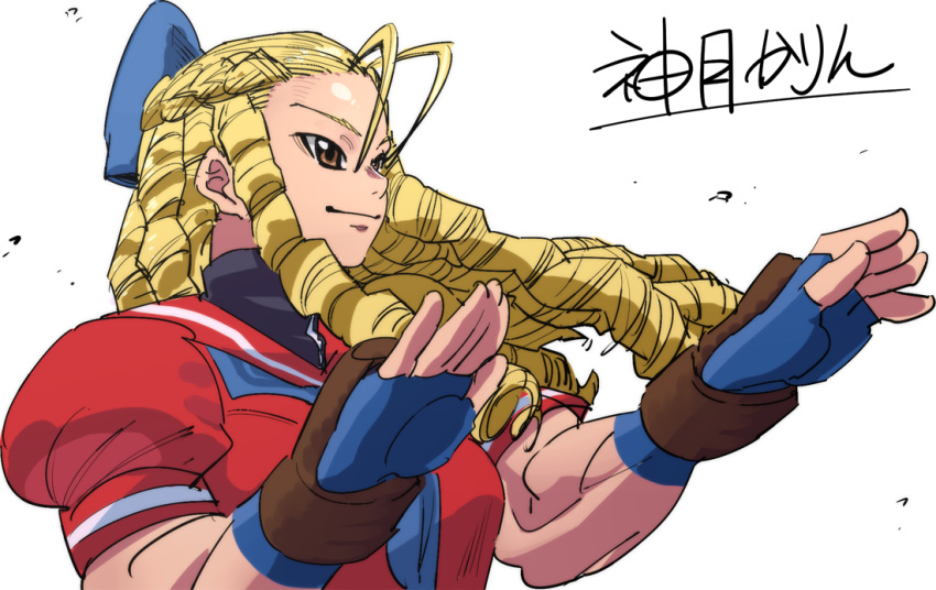 1girl blonde_hair bow brown_eyes drill_hair fingerless_gloves gloves hair_bow kanzuki_karin looking_to_the_side muscle muscular_female nebukuro41 puffy_short_sleeves puffy_sleeves short_sleeves smirk solo street_fighter translation_request upper_body