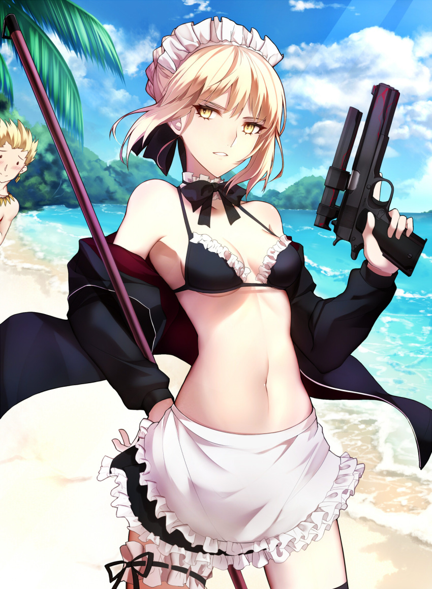 1boy 1girl apron artoria_pendragon_(all) bangs beach bikini black_bikini black_bow black_bowtie black_jacket black_ribbon blonde_hair blue_sky bow bowtie breasts cowboy_shot day detached_collar fate/grand_order fate_(series) gilgamesh gun hair_ribbon handgun highres holding holding_gun holding_weapon jacket looking_at_viewer maid_headdress mop navel off_shoulder open_clothes open_jacket outdoors parted_lips pistol ribbon saber_alter shiguru short_hair sky small_breasts stomach sunlight swimsuit waist_apron weapon yellow_eyes