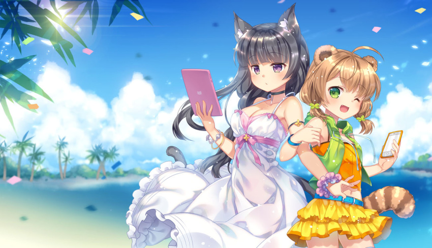 2girls animal_ears beach beltskirt black_hair blush bracelet breasts brown_hair capura_lin cat_ears cat_tail character_request choker cleavage collarbone copyright_request eyebrows_visible_through_hair green_eyes jewelry large_breasts locked_arms long_hair looking_at_viewer looking_away multiple_girls navel one_eye_closed open_mouth palm_tree raccoon_ears raccoon_tail short_hair skirt smile tablet tail tree violet_eyes yellow_skirt