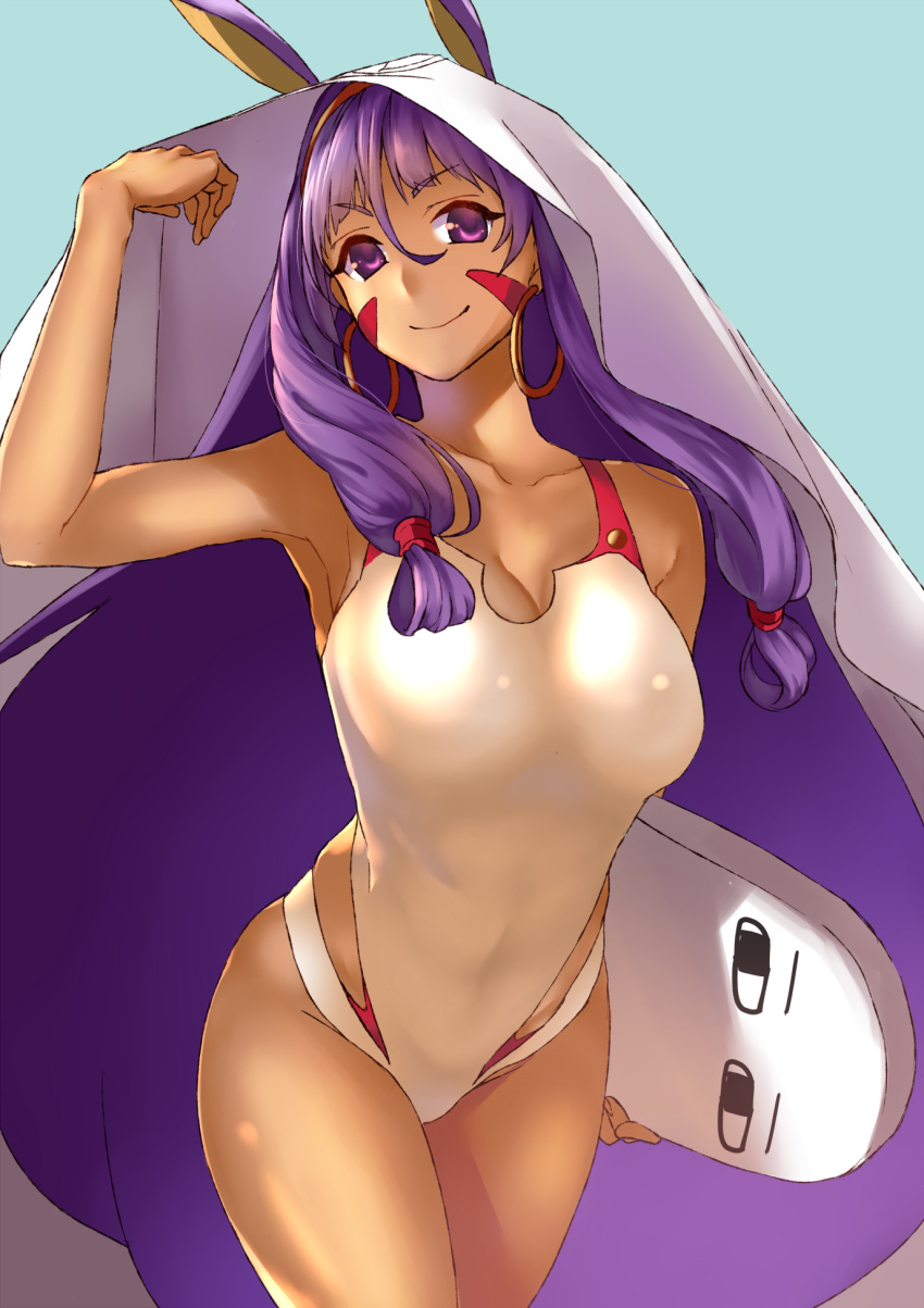 1girl collarbone covered_navel dark_skin earrings facial_mark fate/grand_order fate_(series) highres hoop_earrings jewelry leaning_forward long_hair looking_to_the_side medjed nitocris_(fate/grand_order) nitocris_(swimsuit_assassin)_(fate) one-piece_swimsuit purple_hair sasaki_tamao smile solo swimsuit veil