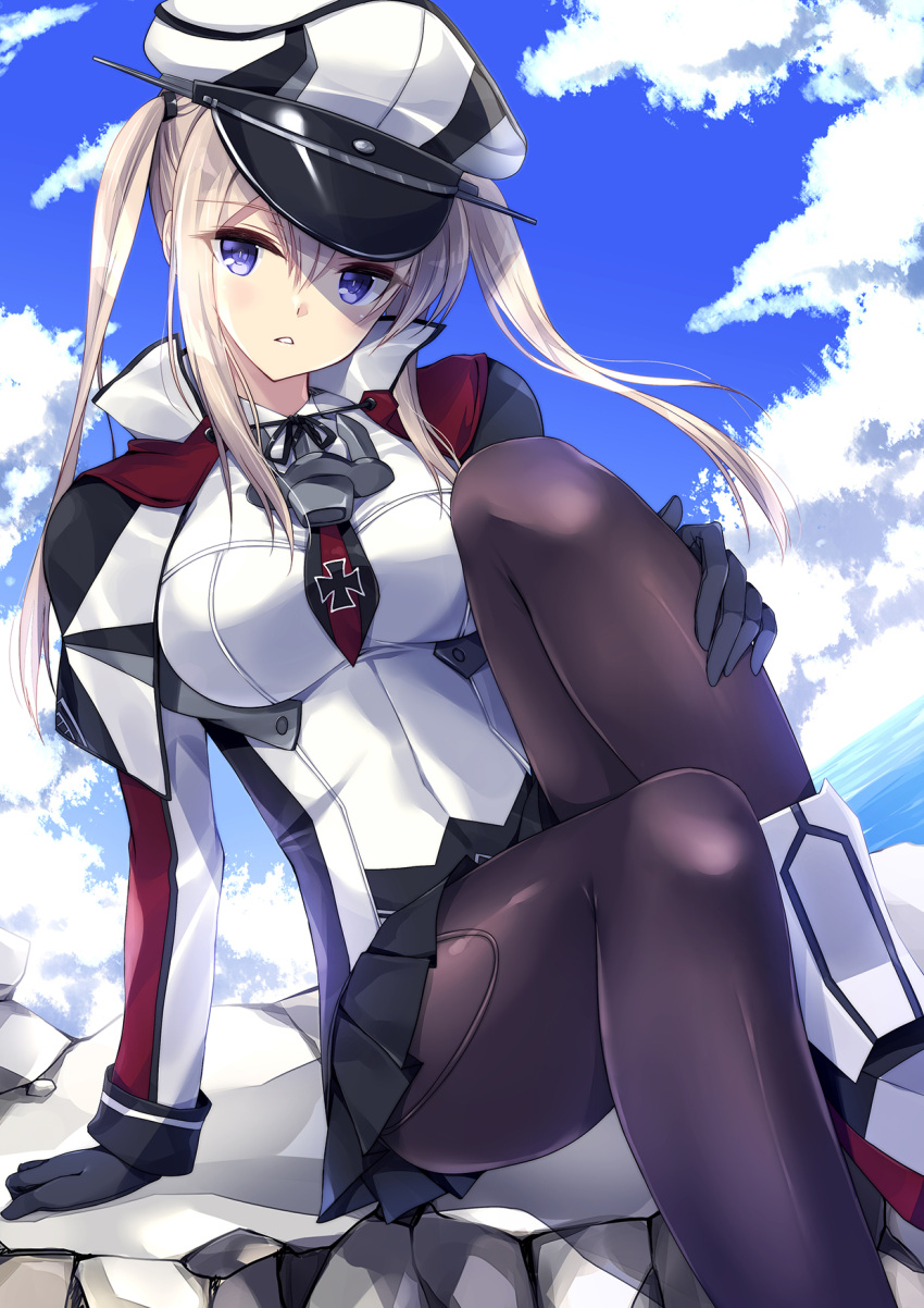 1girl arm_support between_breasts black_gloves black_legwear black_skirt blonde_hair blue_eyes breasts capelet gloves graf_zeppelin_(kantai_collection) hand_on_leg hat highres iron_cross jacket kantai_collection kobayashi_chisato large_breasts long_hair long_sleeves looking_at_viewer military military_uniform necktie pantyhose peaked_cap pleated_skirt red_necktie sidelocks skirt solo uniform white_jacket