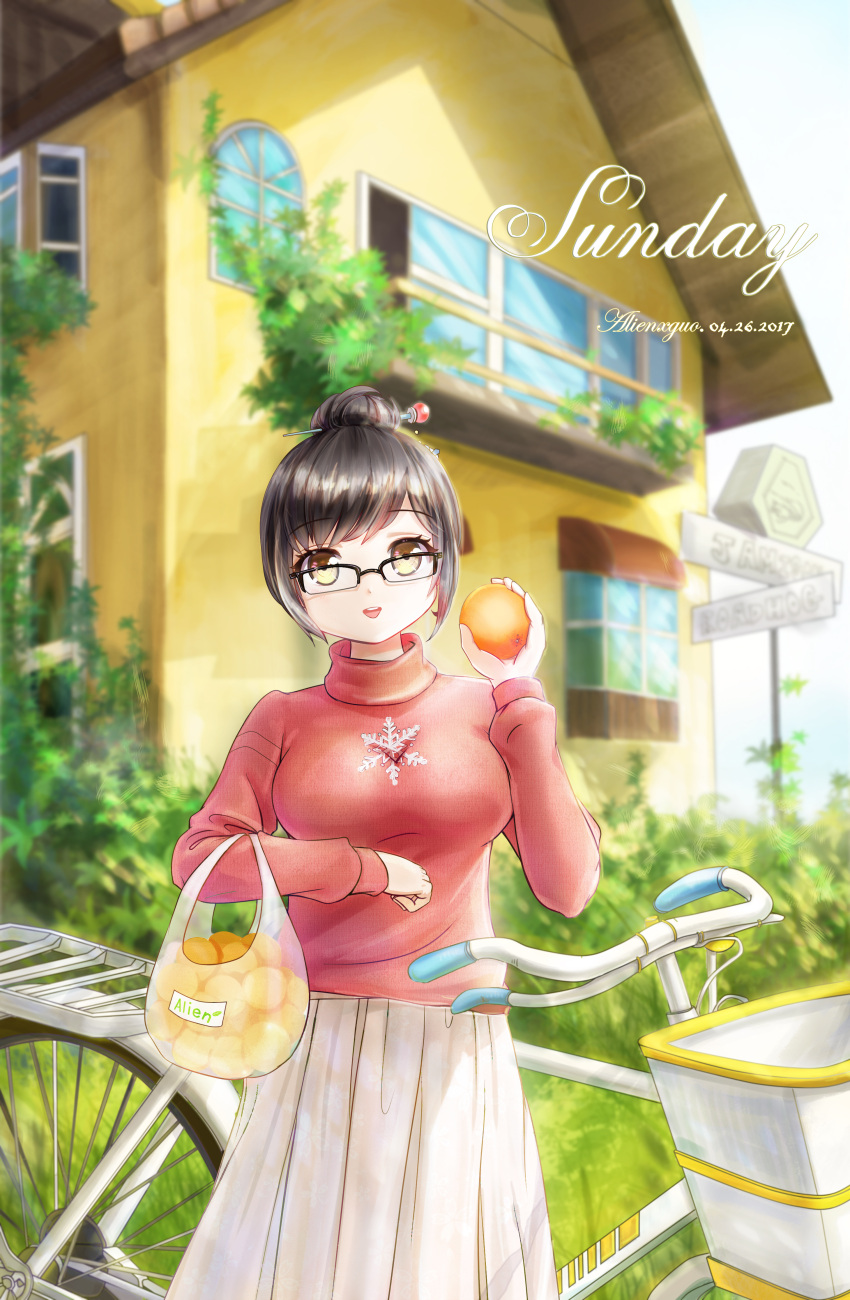 1girl absurdres alien_(15307703) artist_name bicycle blush breasts brown_hair food fruit glasses ground_vehicle hair_bun highres large_breasts long_sleeves looking_at_viewer mei_(overwatch) orange overwatch parted_lips short_hair smile solo sweater triangle_mouth yellow_eyes