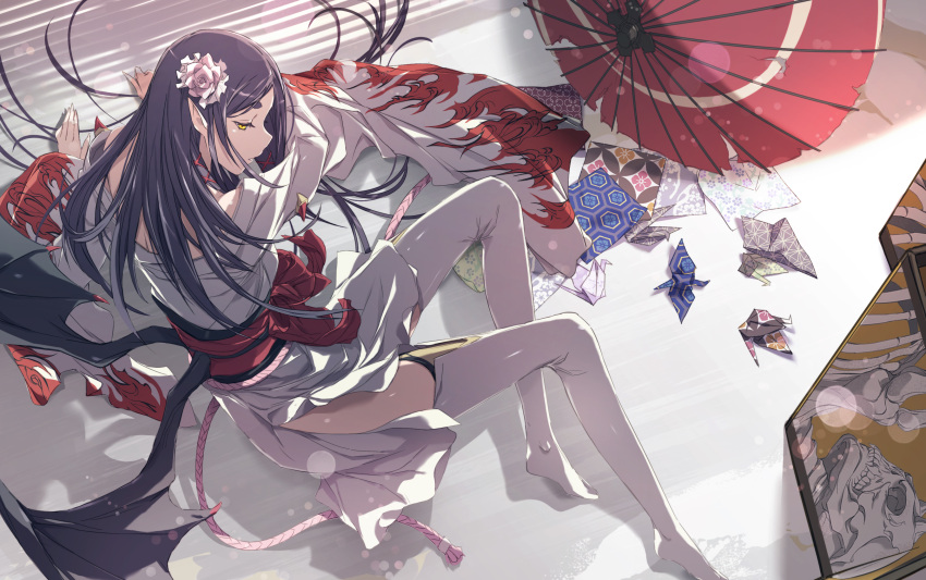 1girl absurdres akira_(coffee_curry) arm_support black_hair flower hair_flower hair_ornament half-closed_eyes highres indoors japanese_clothes kimono long_hair long_legs lying obi on_side onmyoji oriental_umbrella origami paper_crane parted_lips pointy_ears profile sash shade shadow side_slit solo thick_eyebrows thigh-highs umbrella white_flower white_kimono white_legwear wide_sleeves wings yellow_eyes