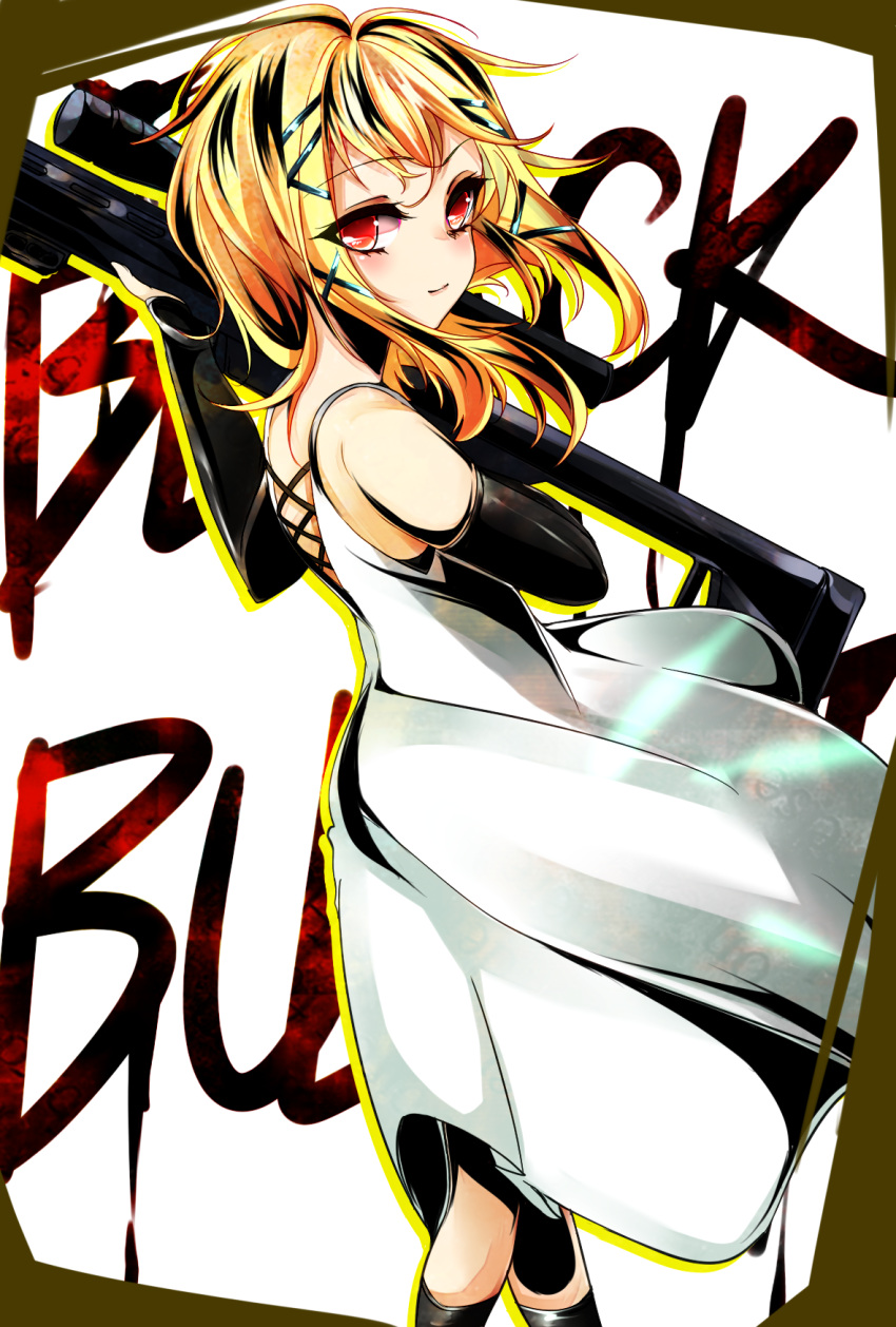 1girl agetama bare_shoulders black_bullet blonde_hair blush closed_mouth cowboy_shot detached_sleeves dress from_side green_ribbon gun hair_ribbon highres holding holding_gun holding_weapon long_hair long_sleeves looking_at_viewer looking_to_the_side red_eyes ribbon rifle smile sniper_rifle solo tina_sprout tress_ribbon weapon white_dress