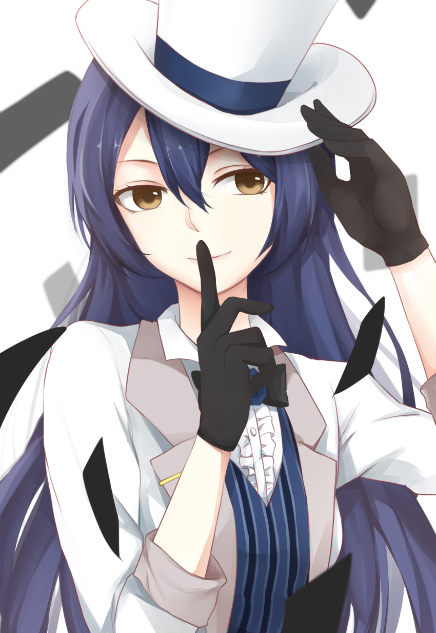 1girl absurdres black_gloves blue_hair brown_eyes finger_to_mouth gemi_25 gloves hair_between_eyes hat highres index_finger_raised long_hair love_live! love_live!_school_idol_project simple_background solo sonoda_umi upper_body very_long_hair white_background white_hat