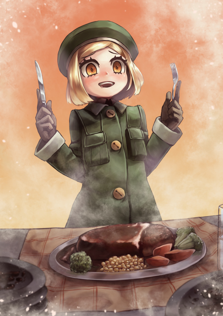 1girl blonde_hair brown_gloves coat corn drooling fate/grand_order fate_(series) food fork gloves green_coat hamburger_steak hat highres holding holding_fork knife kuroi_susumu open_mouth paul_bunyan_(fate/grand_order) plate short_hair smile solo table yellow_eyes