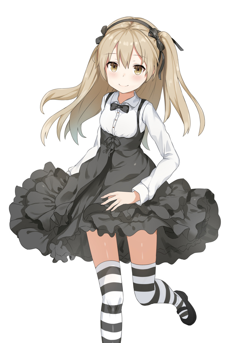 10s 1girl absurdres bangs black_bow black_bowtie black_legwear black_ribbon black_shoes black_skirt boko_(girls_und_panzer) bow bowtie brown_eyes casual closed_mouth collared_shirt girls_und_panzer hair_ribbon high-waist_skirt highres layered_skirt light_brown_hair long_hair long_sleeves looking_at_viewer mary_janes meme_attire ribbon shimada_arisu shirt shoes side_ponytail simple_background skirt smile solo standing standing_on_one_leg striped striped_legwear suspender_skirt suspenders thigh-highs unscpro virgin_killer_outfit white_background white_shirt