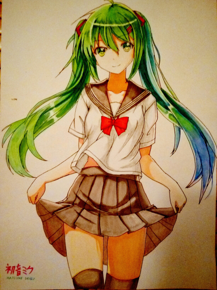 1girl alternate_costume artist_request eyebrows_visible_through_hair green_eyes green_hair hatsune_miku highres holding_skirt long_hair looking_at_viewer photo pleated_skirt red_ribbon ribbon school_uniform skirt skirt_lift smile solo thigh-highs traditional_media twintails very_long_hair vocaloid