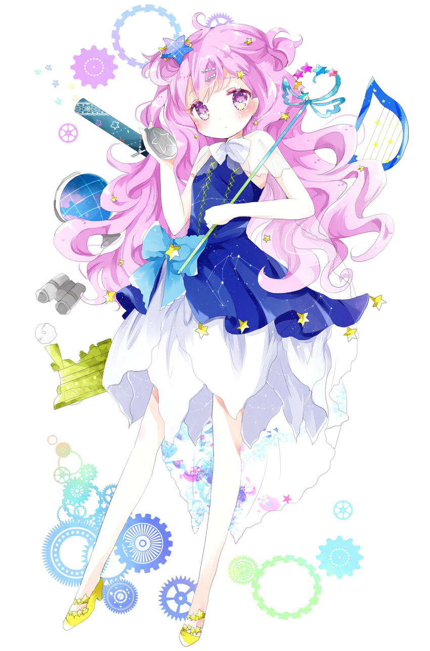 1girl ahoge bare_arms big_hair binoculars blue_bow blue_dress blush bow bowtie cape commentary_request constellation_print dress earrings floral_print full_body gears globe gown hair_ornament harp head_tilt high_heels highres holding holding_wand instrument jewelry layered_dress locomotive long_hair looking_at_viewer no_socks original pink_hair pocket_watch print_dress see-through sheer_clothes shoes short_dress solo standing star star_earrings star_hair_ornament tsukiyo_(skymint) tube violet_eyes wand watch white_bow white_bowtie yellow_shoes