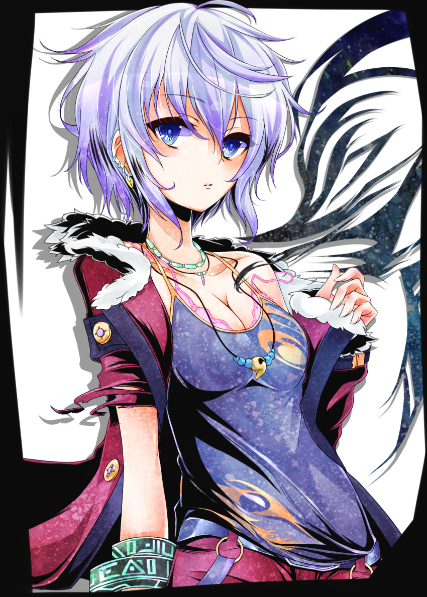 1girl agetama bangs blue_eyes blue_hair bra bracelet breasts camisole canaan_(divine_gate) cleavage cowboy_shot divine_gate earrings fur_trim highres jacket jewelry long_sleeves looking_at_viewer medium_breasts necklace off_shoulder open_clothes open_jacket parted_lips pink_bra red_jacket short_hair solo underwear