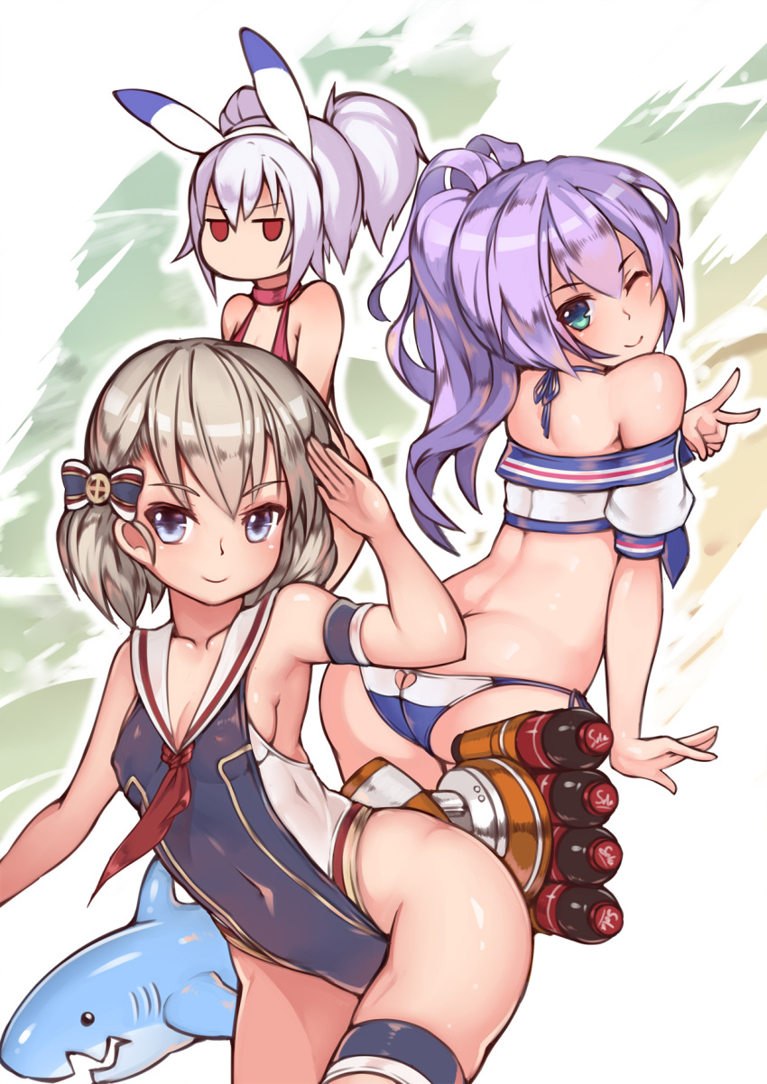3girls animal_ears arm_up ass bangs bare_shoulders bilan_hangxian blue_eyes blush butt_crack closed_mouth collarbone covered_navel green_eyes hair_between_eyes hairband halter_top halterneck highres inflatable_shark inflatable_toy jitome looking_back multiple_girls neckerchief one-piece_swimsuit one_eye_closed ponytail purple_hair rabbit_ears red_eyes red_neckerchief rigging sailor_collar sidelocks silver_hair smile stmaster swimsuit thigh_strap thighs twintails v wavy_hair z23_(bilan_hangxian)