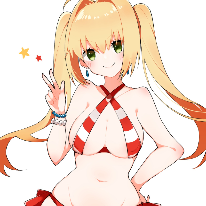 1girl alternate_hairstyle blonde_hair breasts closed_mouth fate/grand_order fate_(series) green_eyes hand_on_hip highres large_breasts long_hair looking_at_viewer navel nero_claudius_(swimsuit)_(fate) saber_extra simple_background smile solo star takae_(poupee_en_biscuit) twintails v white_background