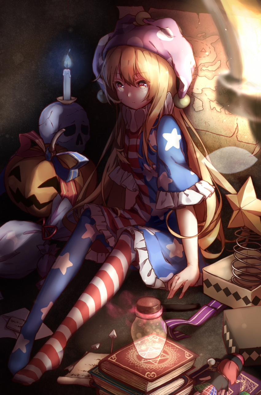 1girl american_flag_dress american_flag_legwear arrow blonde_hair book bottle candle character_doll clownpiece commentary_request cork doll dress expressionless fairy_wings fire frilled_dress frills full_body hat hecatia_lapislazuli highres jack-o'-lantern jester_cap long_hair looking_at_viewer map multicolored_hair neck_ruff pantyhose polka_dot polka_dot_hat purple_hat red_eyes redhead revision sack scroll short_dress sitting skull solo spring_(object) star star_print striped touhou transparent_wings very_long_hair wings yilocity