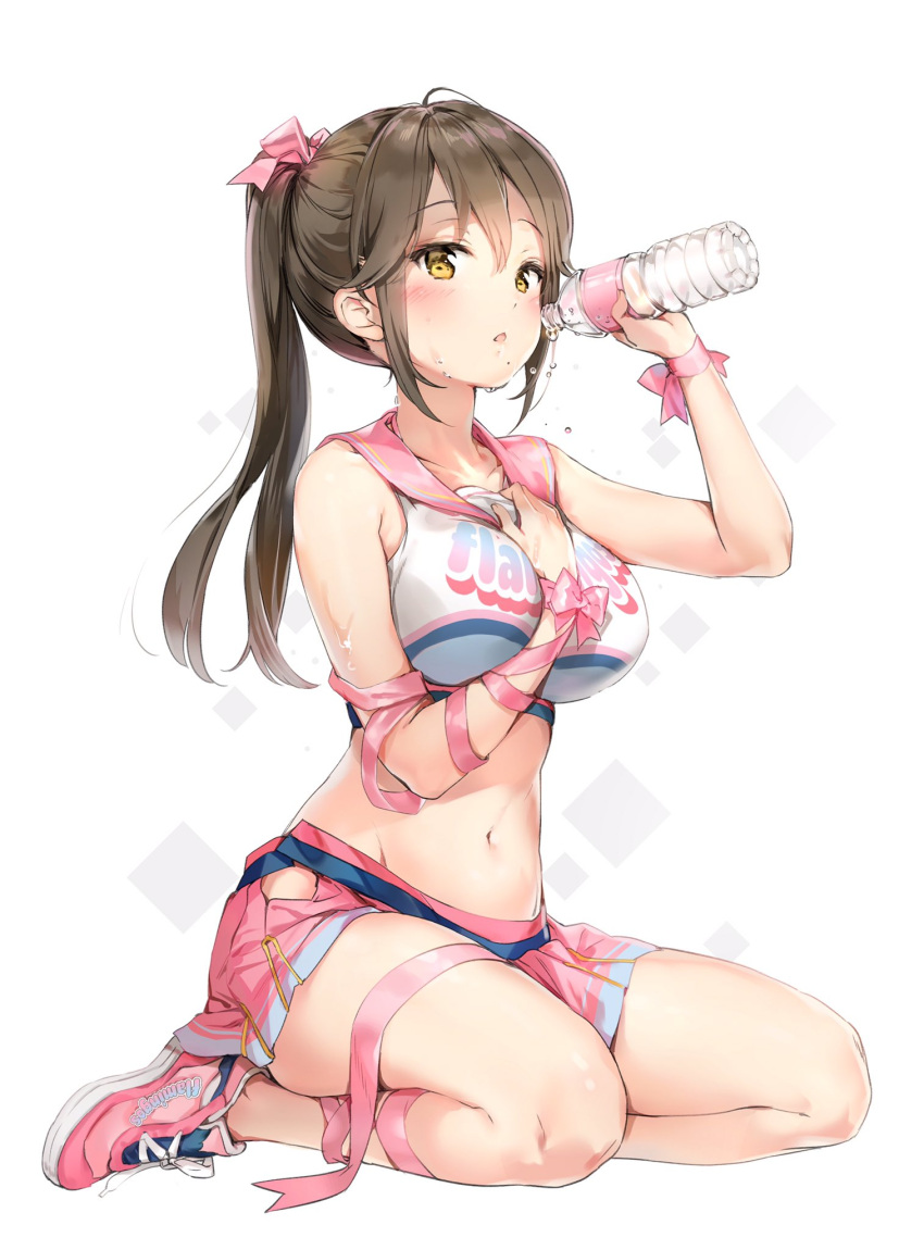 1girl anmi between_breasts blush bottle breasts brown_eyes brown_hair cheerleader crop_top full_body hand_between_breasts hand_on_own_chest highres large_breasts midriff mole mole_under_mouth navel original pleated_skirt ponytail ribbon sailor_collar sailor_shirt shirt shoes simple_background sitting skirt sneakers solo sweat water_bottle white_background wrist_ribbon