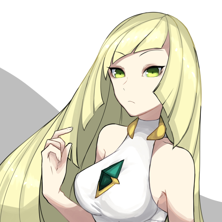 1girl bare_shoulders blonde_hair breasts green_eyes highres kyou_(ningiou) long_hair looking_at_viewer lusamine_(pokemon) pokemon pokemon_(game) pokemon_sm sleeveless solo