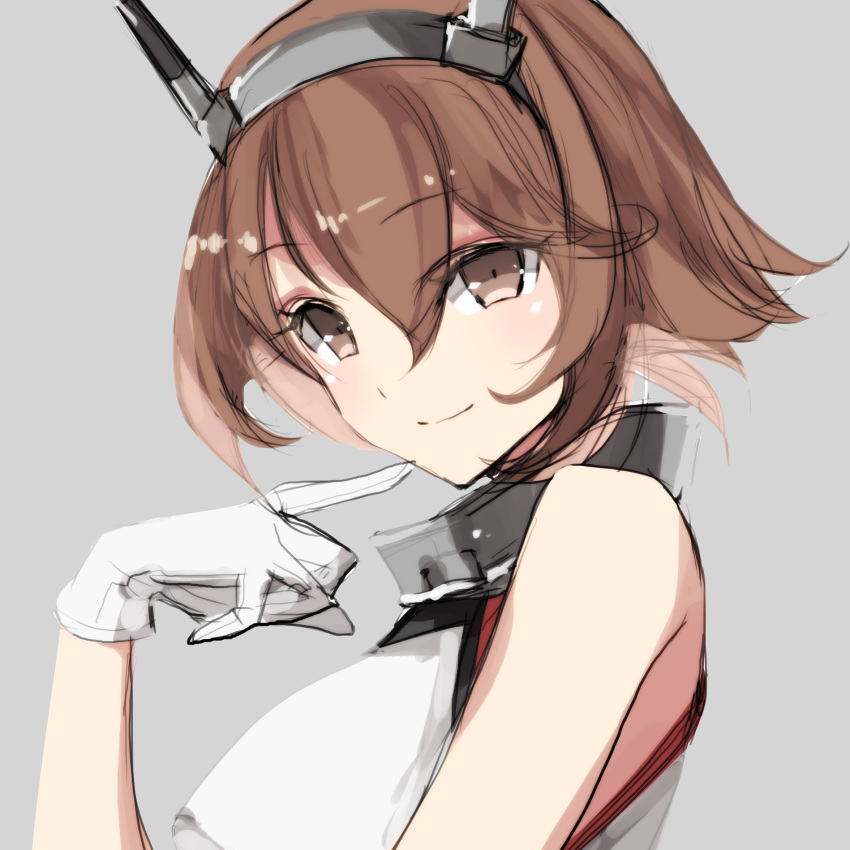 1girl alternate_eye_color bad_id bad_pixiv_id bare_arms bare_shoulders breasts brown_eyes brown_hair gloves grey_background hair_between_eyes headgear highres kantai_collection large_breasts misteor mutsu_(kantai_collection) short_hair simple_background smile solo white_gloves