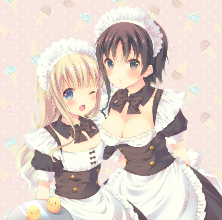 2girls ;d apron arm_around_waist arm_behind_back bangs bird black_bow black_bowtie black_eyes black_hair blonde_hair blue_eyes blunt_bangs blush bow bowtie breasts chick cleavage commentary_request cover detached_collar dress dvd_cover frilled_apron frills hagino_chiaki hiiragi_mayuki hinako_note ice_cream_cone large_breasts long_hair looking_at_viewer maid maid_headdress march-bunny multiple_girls official_art one_eye_closed open_mouth polka_dot polka_dot_background puffy_sleeves short_hair_with_long_locks smile tray