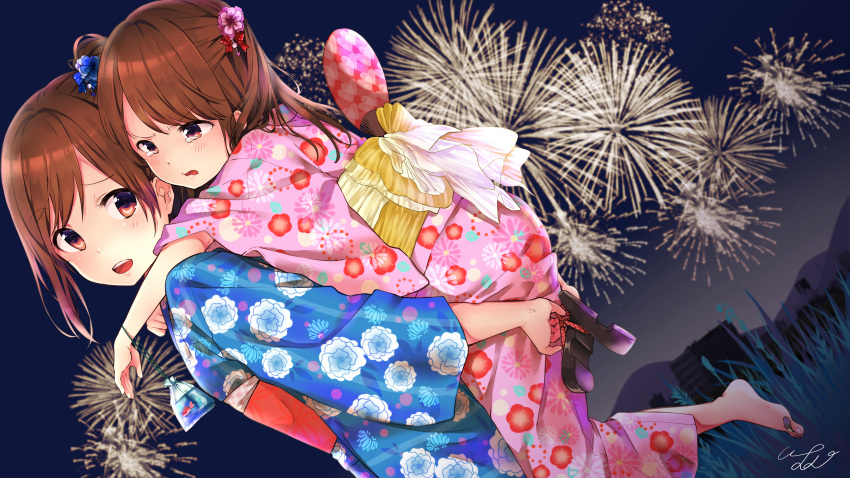 2girls absurdres artist_name bag bagged_fish bandaid bangs barefoot blue_kimono blush brown_eyes brown_hair carrying dutch_angle eyebrows_visible_through_hair fan fireworks fish floral_print from_side goldfish grass hair_ornament highres holding holding_shoes japanese_clothes kimono long_hair looking_at_another looking_back multiple_girls night open_mouth original outdoors paper_fan piggyback pink_kimono pomu sandals shoes siblings side_ponytail sidelocks signature sisters smile swept_bangs tareme tears uchiwa yukata